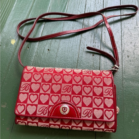 Brighton crossbody wallet purse / leather and canvas / red heart pattern - Picture 1 of 4